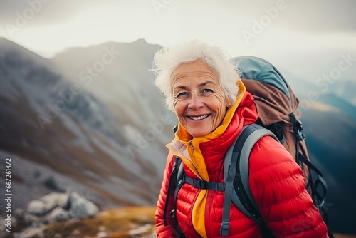 Close-up of an elderly climber high in the mountains