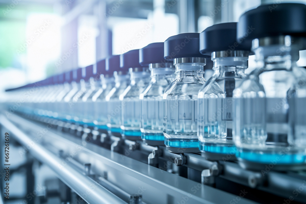  Pharmaceutical manufacture background with glass bottles with clear liquid on automatic conveyor line. COVID-19 mRNA vaccine production platform.