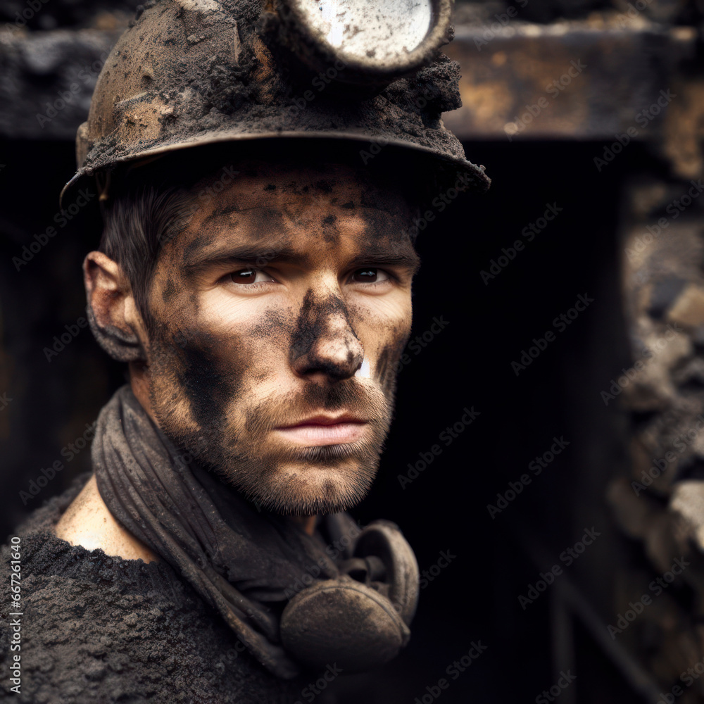 Miner exiting a coal mine covered in dirt and soot. ai generative Miner exiting a coal mine covered in dirt and soot. ai generative