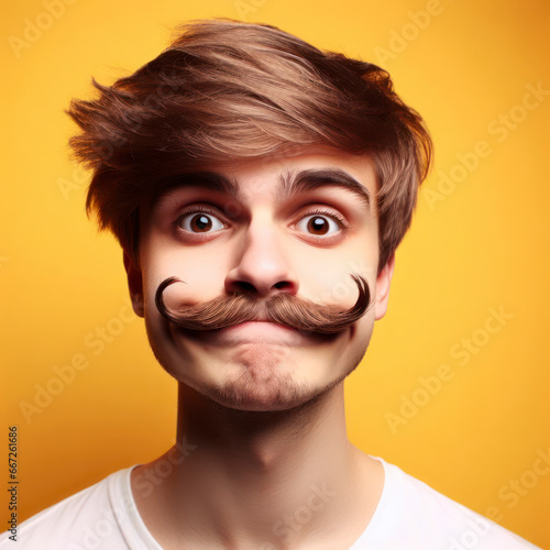 Portrait of a young man with a funny mustache on a yellow background. ai generative © Igor
