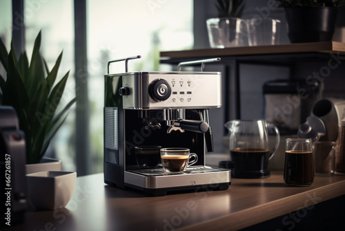 Modern coffee machine with cup in office