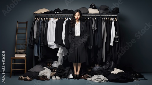 a vast monochrome closet filled with an extensive collection of clothes, a woman donning a stylish and aesthetic outfit in the modern minimalism style.
