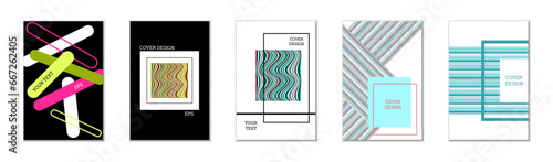 Geometric cover design, set of 5 covers. Abstract unusual background in Memphis style. Bright geometric shapes in random order