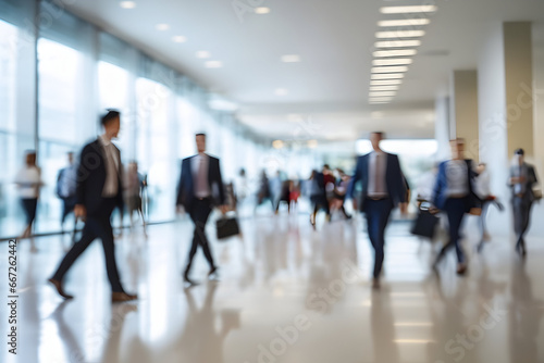 Long exposure shot of crowd of business people walking in bright office lobby fast moving with blurry, crowded office hall