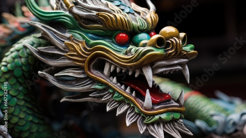 Green wooden dragon statuette background. Happy Chinese New Year 2024 celebration concept. Traditional Asian dragon zodiac sign..