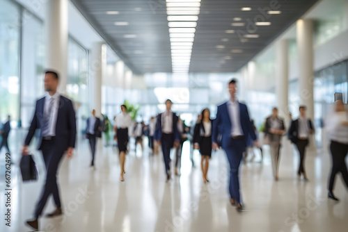 Long exposure shot of crowd of business people walking in bright office lobby fast moving with blurry, crowded office hall