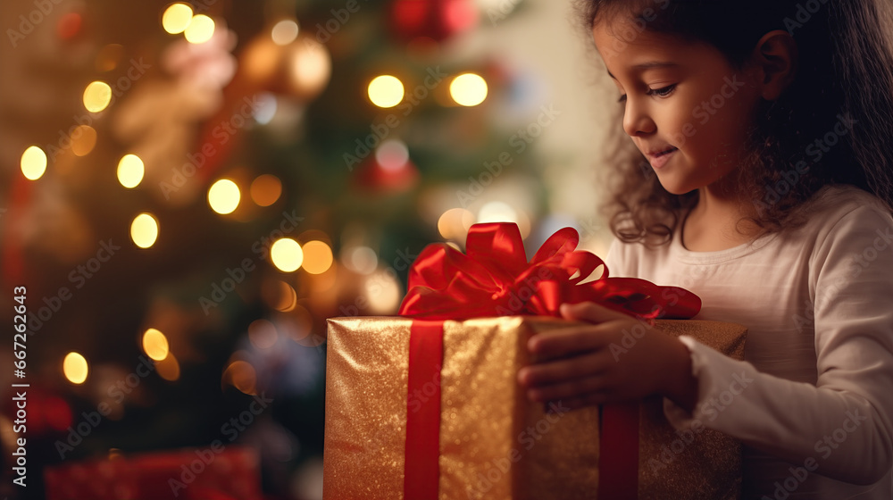 Happy kid with a beautifully holiday present in a warm, Christmas-adorned room Happy kid with a beautifully holiday present in a warm, Christmas-adorned room