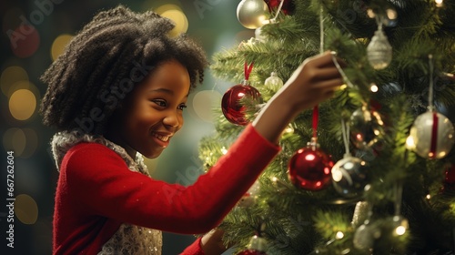 Young child adorns the Christmas tree in a warmly decorated room