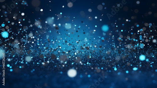 Blue Background of Bokeh Lights with shiny Particles. Festive Template for Holidays and Celebrations