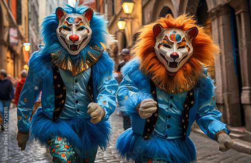 Two men in costumes wearing masks and costumes walk down the street.