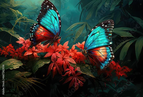 Fototapeta samoprzylepna latające motyle przedstawione w sztuce komputerowej ukazujace kolorowe motyle wśród paproci i lasu
