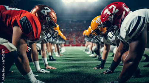 American Football Championship. Teams Ready: Professional Players, Aggressive Face-off, Ready for Pushing, Tackling. Competition Full of Brutal Energy, Power. Stadium Shot with Dramatic Light photo
