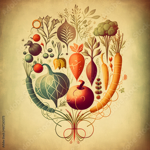 Minimalist retro illustration with vegetables and fruits. Abstract contemporary modern art. Vintage style.