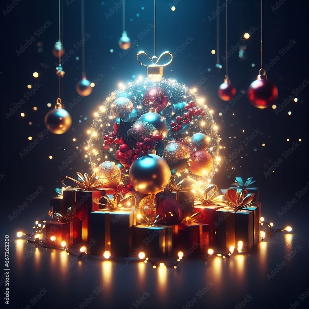 Cmmemorative postcard with Christmas elements such as spheres, lights and gifts in a cold atmosphere due to the traditional snow.