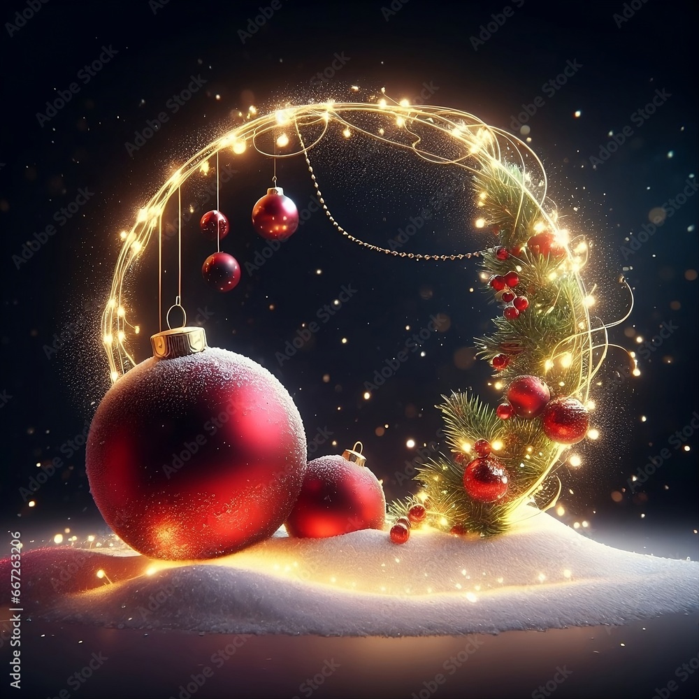 Elegant commemorative postcard with Christmas elements such as spheres, lights and gifts in a cold atmosphere due to the traditional snow.