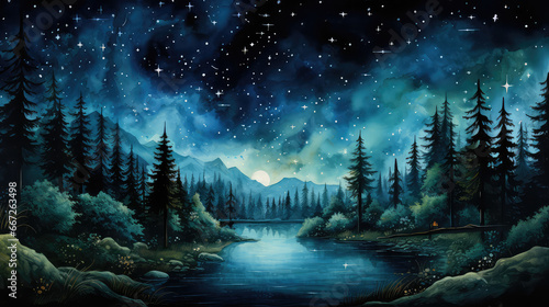 Akwarelowy las nocą z płynącą rzeką i niebem pełnym gwiazd. 