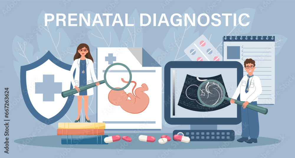 Prenatal diagnosis for landing page. Doctors scan the embryo. Template, banner, vector - obrazy, fototapety, plakaty 