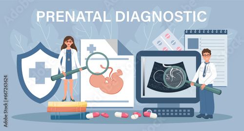 Prenatal diagnosis for landing page. Doctors scan the embryo. Template, banner, vector photo