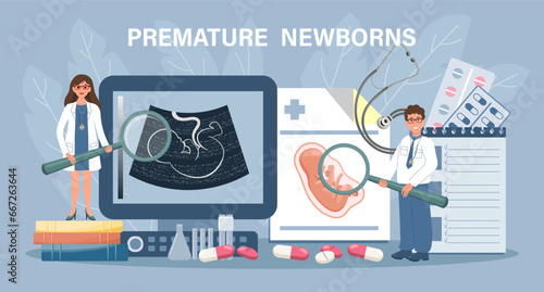 Premature newborns for landing page. World Prematurity Day. Doctors scan the embryo. Lack of pregnancy, in vitro fertilization. Template, banner, vector