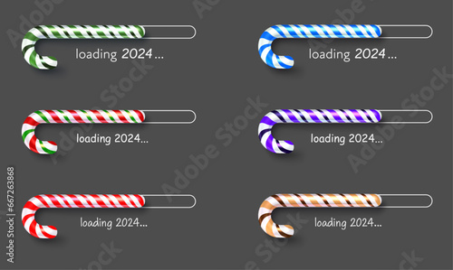 New Year set of colorful shiny loading bars made of sweet realistic candies on grey background.