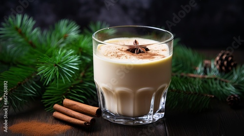Holiday Hot Drink. Eggnog in a glass with cinnamon and fir tree branches on a dark background.