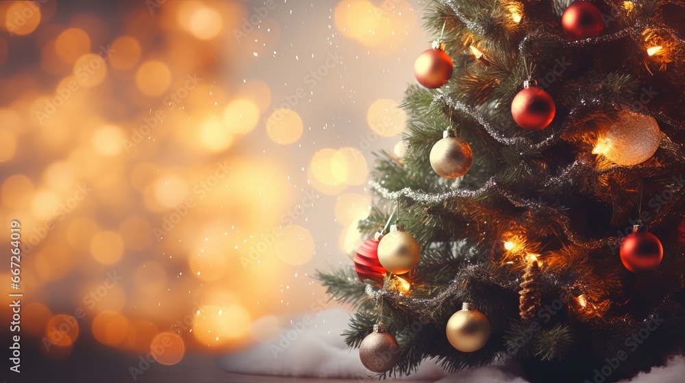 Christmas tree decorated against a blurry background. Christmas tree decorated against a blurry background.