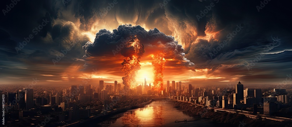 Illustration of a nuclear explosion above a city with atoms