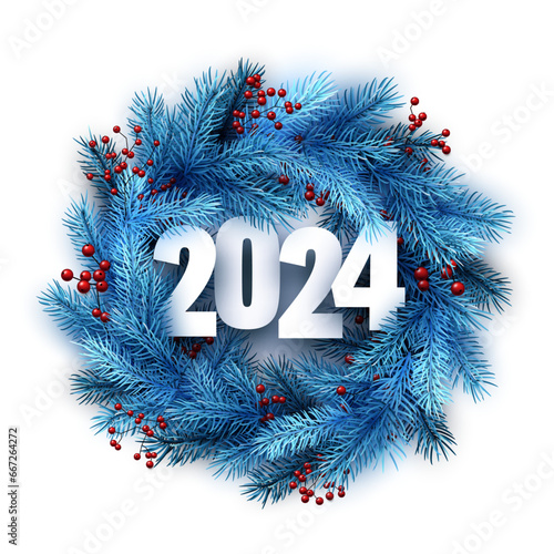 New Year white paper 2024 lettering on bright blue realistic fir branches and red berries. Round Christmas wreath.