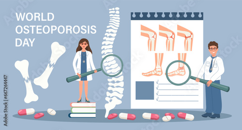 World osteoporosis day for landing page. Treatment of osteoporosis. Doctors with magnifiers show diseases of the human skeletal system. Template, banner, vector