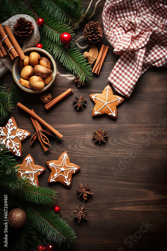 christmas cookies on a red and white tea towel with christma decorations and cinnamon sticks on a dark brown wooden ground wih space for text, cristmas background