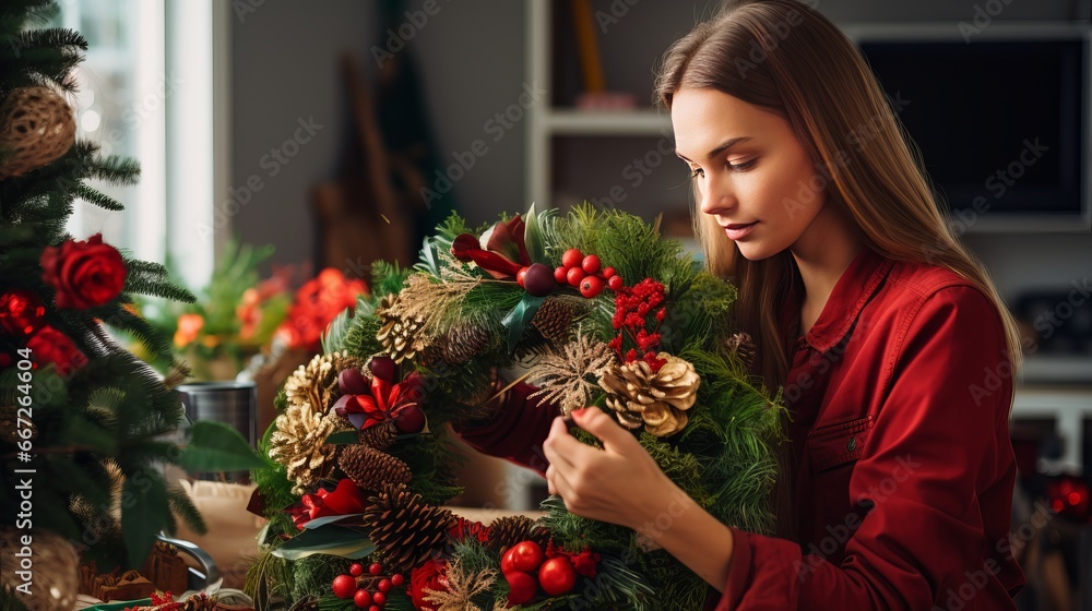 A woman is creating a Christmas wreath.