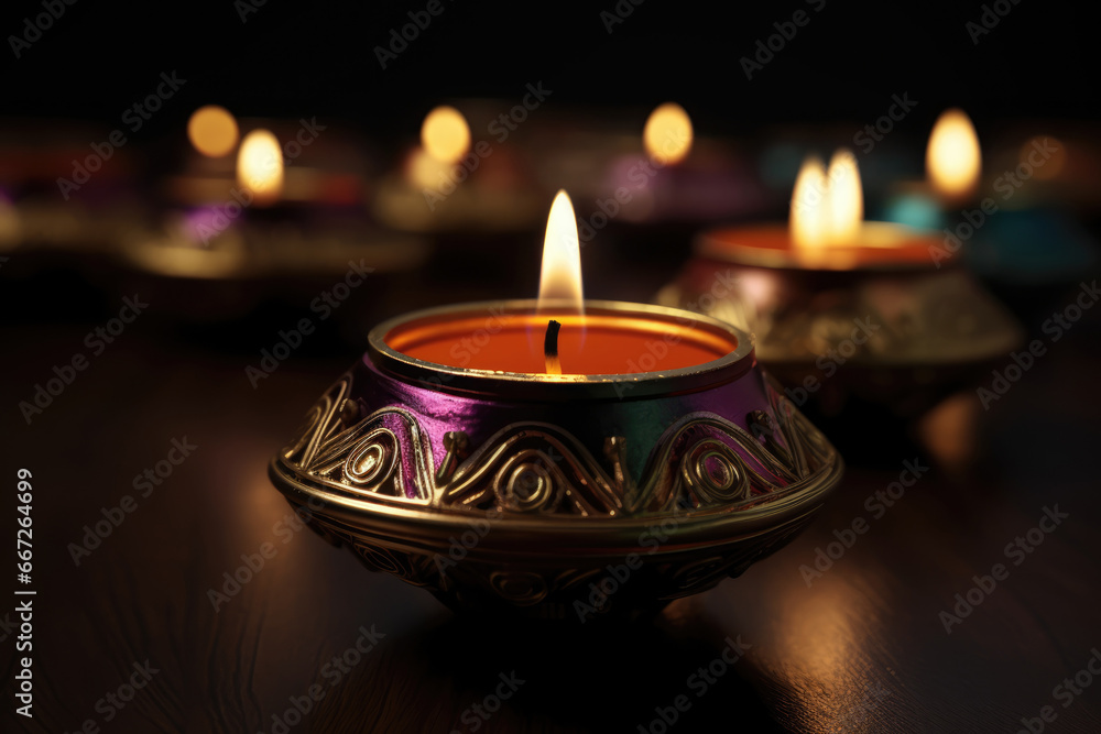Diwali Background. Burning diya lamps on a table. Lit candles Diwali Background. Burning diya lamps on a table. Lit candles