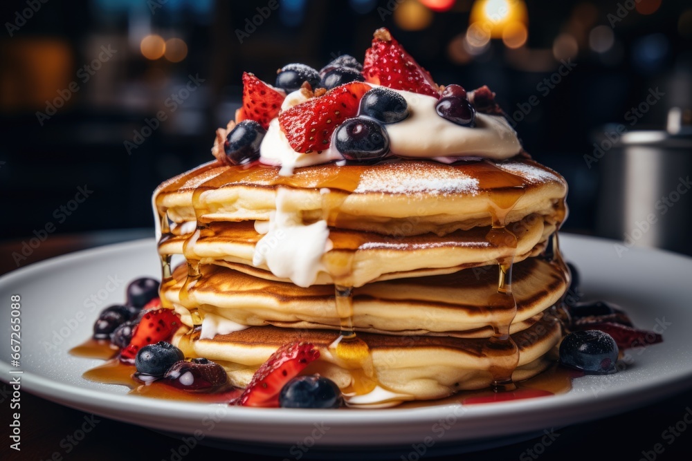 Stacked Pancakes Drizzled with Syrup and Topped with Fresh Fruit Stacked Pancakes Drizzled with Syrup and Topped with Fresh Fruit