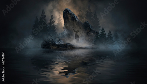 Dark fantasy mountain landscape, river bank, deer on a mountain in the forest, reflection in the water. 3D illustration