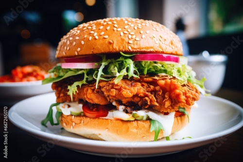 Juicy Grilled Chicken Burger on a Rustic Wooden Table