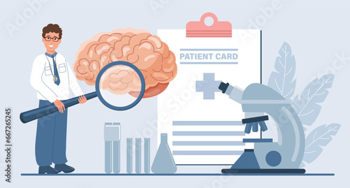 Brain diagnostics, a doctor examines and analyzes the functioning of the brain. Neuroscience and psychology. Alzheimer's disease and dementia. Medical banner. Vector