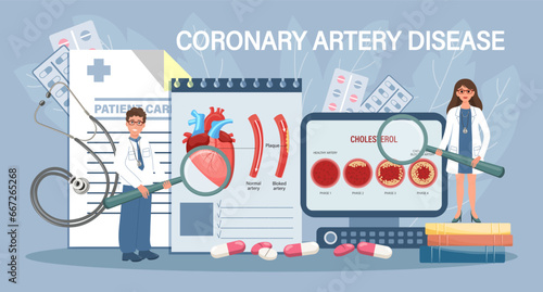 Coronary artery disease for landing page. Doctors inform about diseases of the coronary artery of the heart. Health care and medicine. Template, banner, vector photo