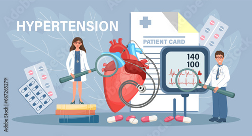 Hypertension for landing page. Doctors report cardiovascular disease. Health care and medicine. Template, banner, vector