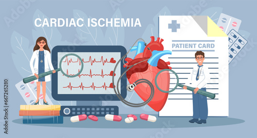 Cardiac ischemia for landing page. Doctors inform about heart diseases. Health care and medicine. Template, banner, vector photo