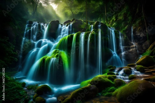 In the evening, under a pristine blue sky, an awe-inspiring waterfall cascades into a lush green field, creating a truly magnificent and breathtaking scene © Asad