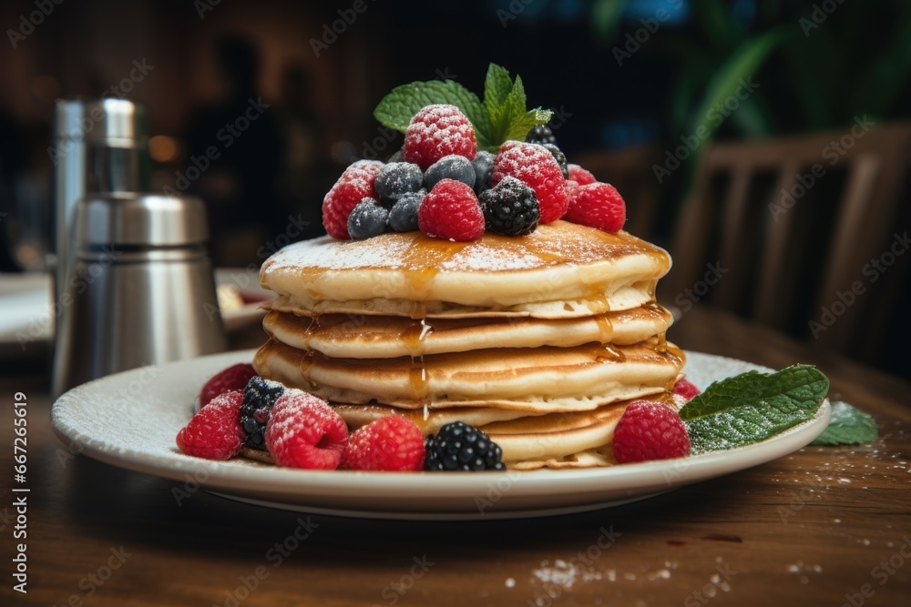 Stacked Pancakes Drizzled with Syrup and Topped with Fresh Fruit Stacked Pancakes Drizzled with Syrup and Topped with Fresh Fruit
