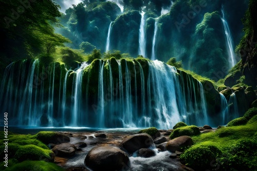 In the evening  under a pristine blue sky  an awe-inspiring waterfall cascades into a lush green field  creating a truly magnificent and breathtaking scene