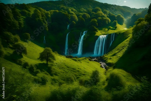 During the evening, beneath a clear blue sky, a stunning waterfall flows into a vibrant green field, forming an absolutely magnificent and awe-inspiring spectacle