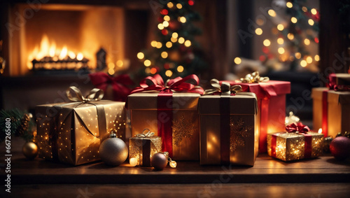 Pacchetti di regali di Natale con sfondo natalizio, albero di Natale e luci photo