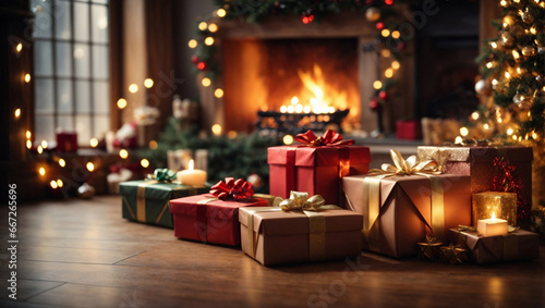 Pacchetti di regali di Natale con sfondo natalizio, albero di Natale e luci photo