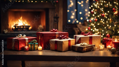 Pacchetti di regali di Natale con sfondo natalizio, albero di Natale e luci