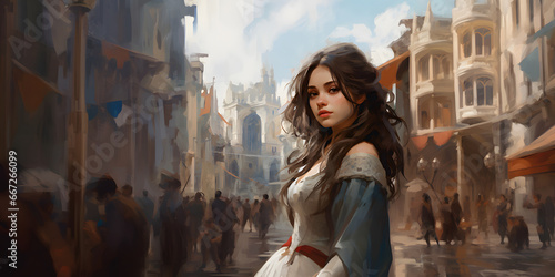 Beautiful girl with dress in medieval city, fantasy digital painting