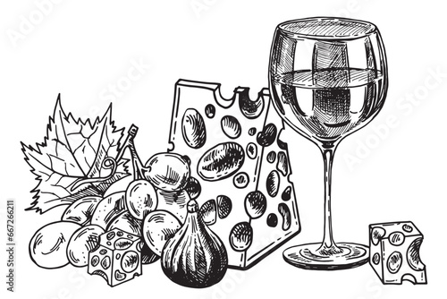 Pile of hand drawn cheese with wine bottle, glass of wine, grape and fig. Vector hand drawn illustration.