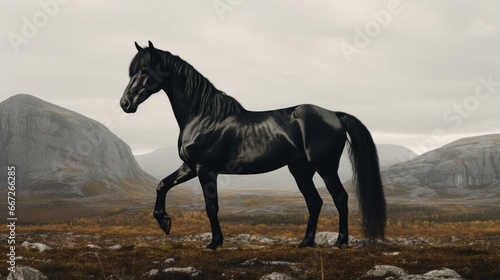 Standing in the solitude of the flat terrain is a black horse  representing the spirit of the wilderness and the charm of the open countryside.