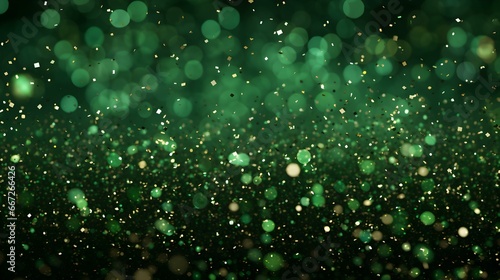 Green Background of Bokeh Lights with shiny Particles. Festive Template for Holidays and Celebrations